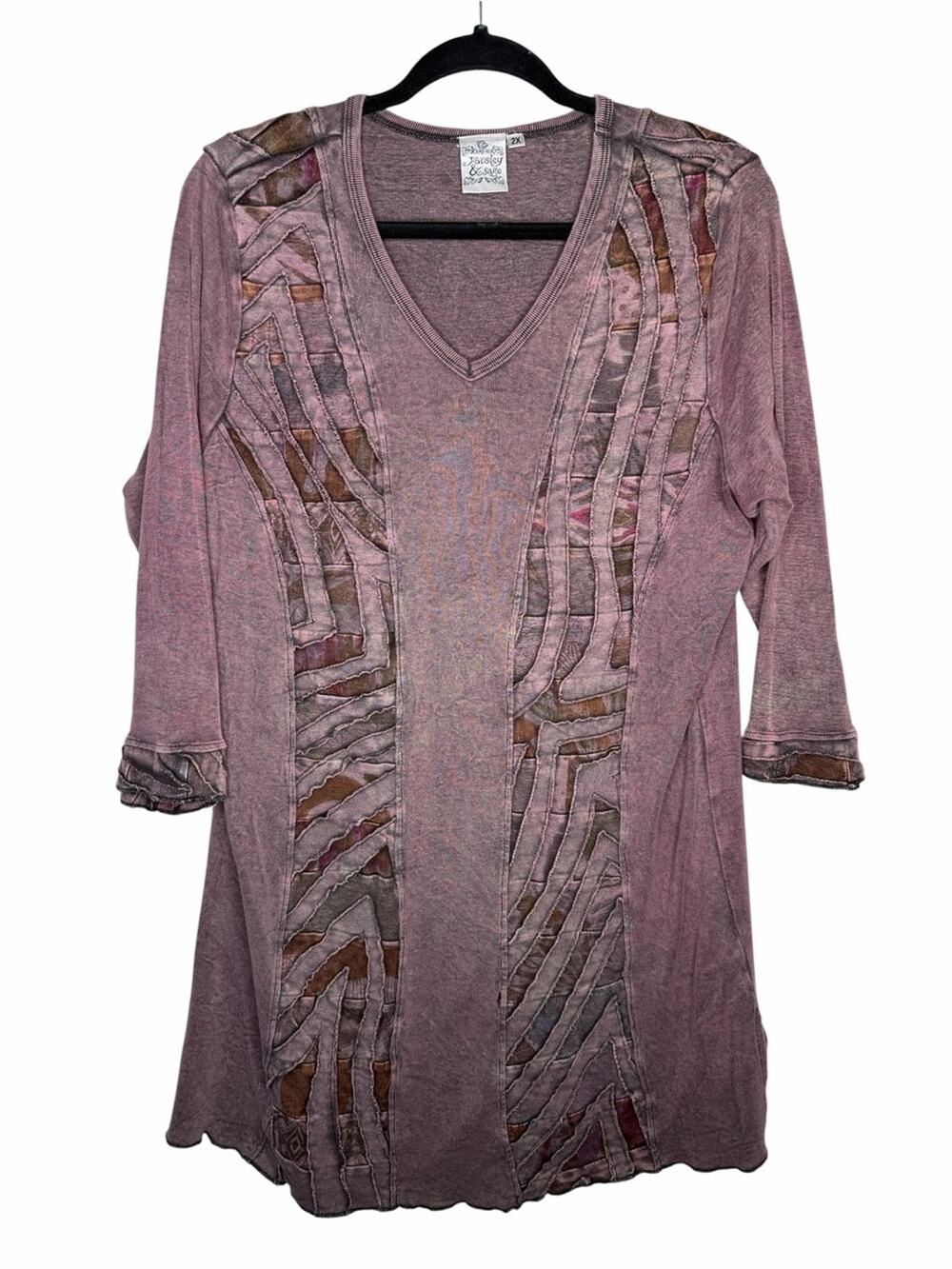 PARSLEY & SAGE / pink purple abstract art to wear 3/4 sleeve tunic top / 2X
